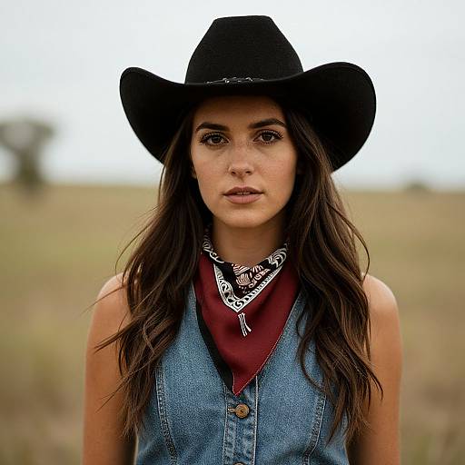 Photograph of a young woman with long dark hair, wearing a black cowboy hat, red bandana, and blue denim vest, standing in a blurred