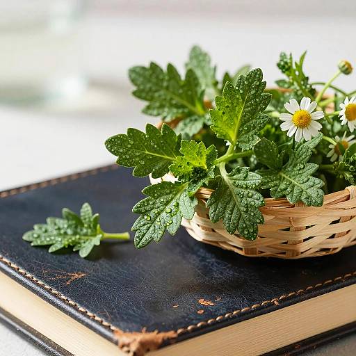 Close-Up Chamomile on Leather Book