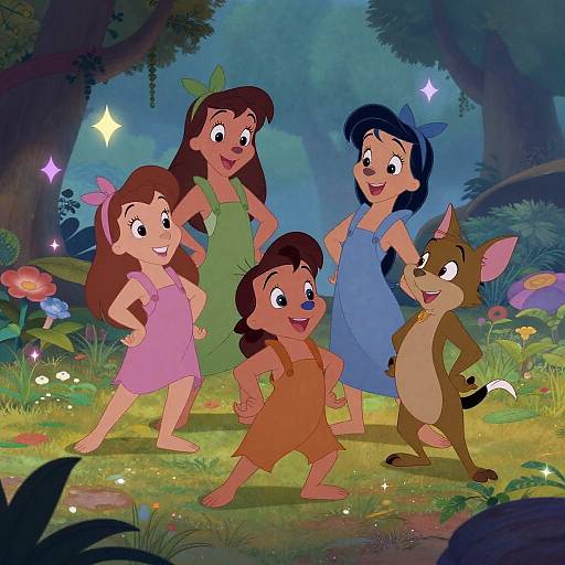 Disney-style cartoon image: four children and a brown dog standing in a colorful forest, wearing dresses and overalls, smiling, with sparkles and flowers