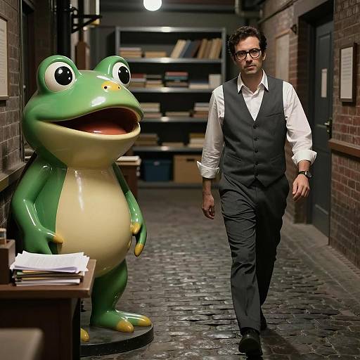 Industrial Hallway with Frog Statue