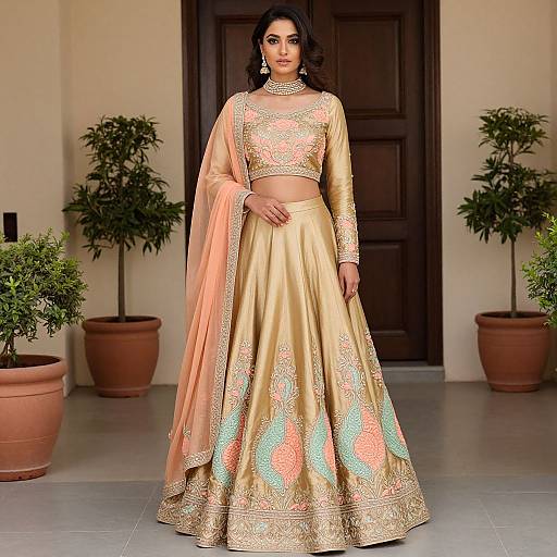 Photograph of a South Asian woman in a gold traditional lehenga with pink and blue embroidery, crop top, and matching dupatta, standing in front