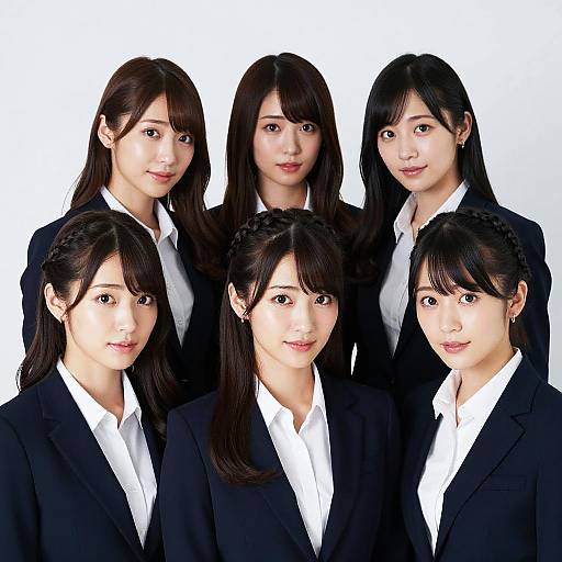 Photograph of five Japanese women with long black hair, wearing black suits and white shirts, standing closely together against a white background.