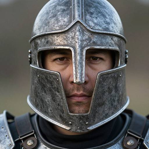 Photograph of a serious-faced medieval knight with a weathered silver helmet, visible nose guard, and dark armor, set against a blurred outdoor background.