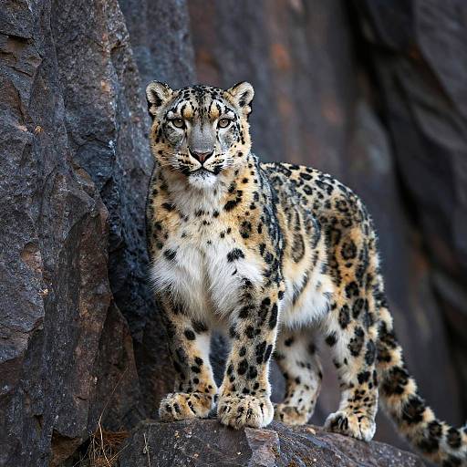 Photograph of a snow leopard with striking yellow and black-spotted fur, standing alert on dark rocky terrain, gazing forward.