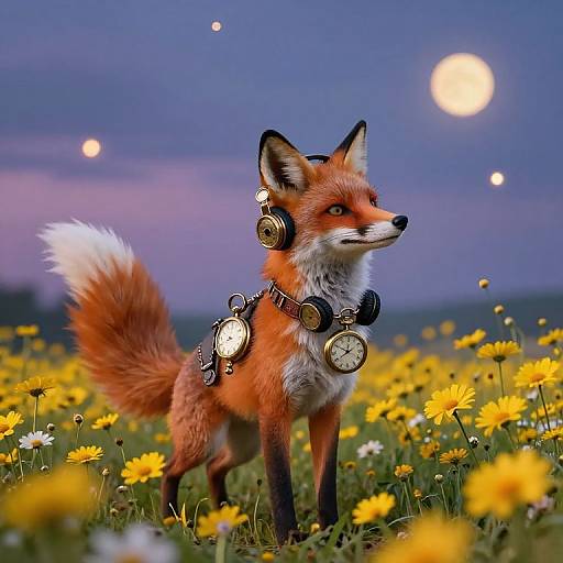 Photograph of a red fox standing in a sunlit yellow daisy field, adorned with clock accessories, under a twilight sky with a full moon and