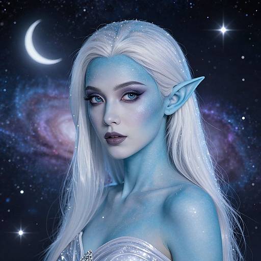 Digital artwork of a blue-skinned, white-haired elven woman with pointed ears, glowing eyes, and starry night background with a crescent moon