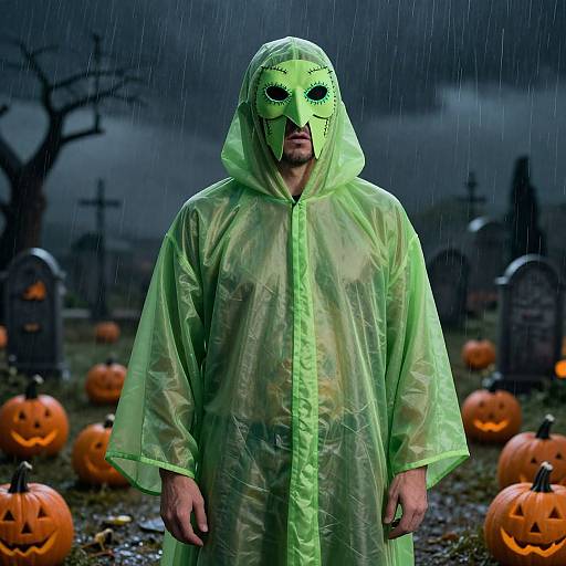 Photograph of a man in a neon green raincoat and matching mask, standing in a rainy cemetery with carved pumpkins, dark trees, and tomb