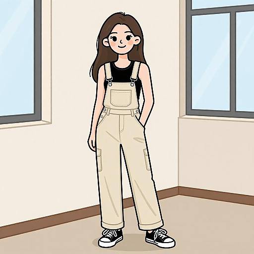 Digital drawing of a smiling young woman with long brown hair, wearing black tank top and beige overalls, black sneakers, standing in a bright room with