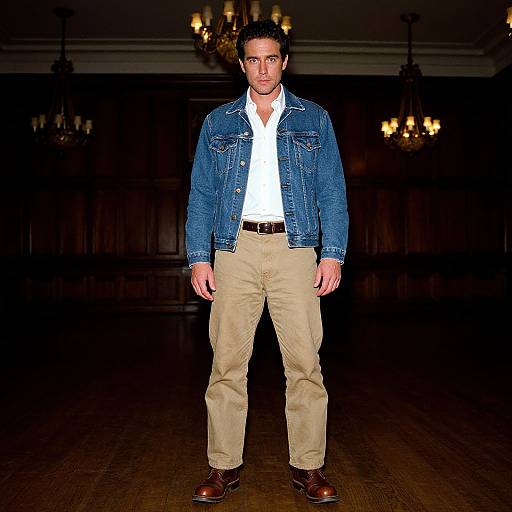 Photograph of a handsome man with short dark hair, wearing a blue denim jacket, white shirt, beige pants, and brown shoes, standing in a