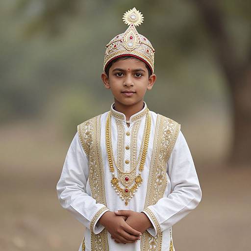 Photograph of a young Indian boy wearing an ornate gold and white traditional outfit with a decorative crown, standing outdoors with hands clasped. Blurred
