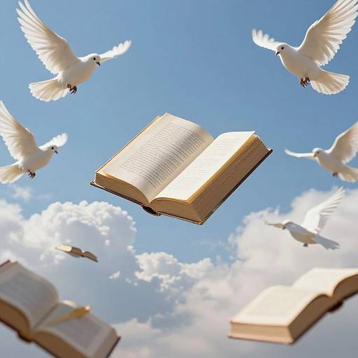 Photograph of white doves flying around an open, glowing book against a bright blue sky with fluffy white clouds.