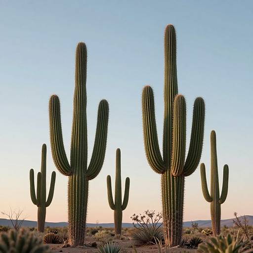 Photograph of tall, green, ribbed cacti with multiple arms against a clear, blue sky and a distant, orange-hued horizon.