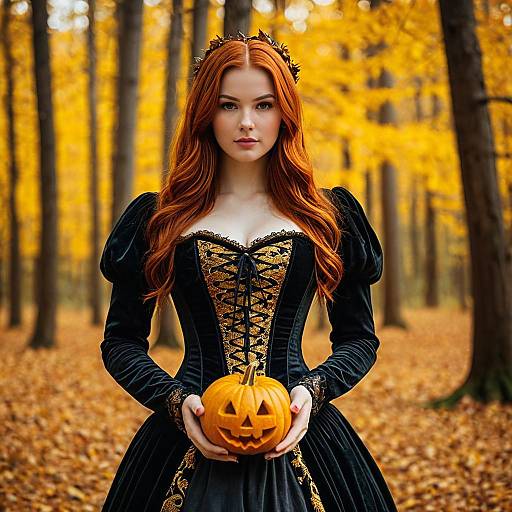 Red-haired Woman in Renaissance Dress Holding Halloween Pumpkin