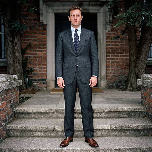 Photograph of a Caucasian man in a dark pinstripe suit, white shirt, polka-dot tie, and brown shoes, standing on brick steps