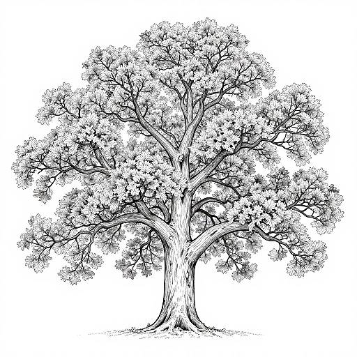 Detailed black-and-white ink drawing of a large, full-leafed tree with intricate branches and a thick trunk, set against a white background.