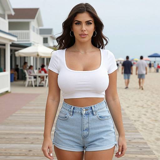 Photograph of a confident, dark-haired woman with large breasts, wearing a white crop top and high-waisted blue shorts, standing on a beach