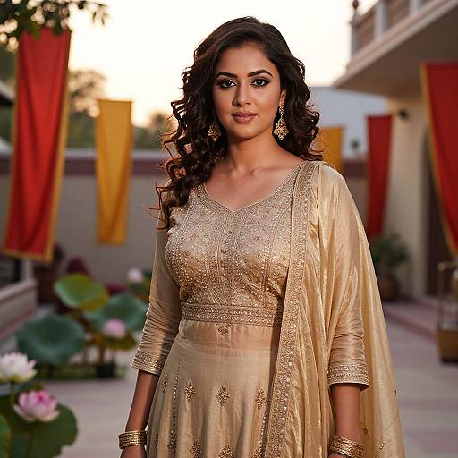 Photograph of a beautiful Indian woman with long, curly black hair, wearing a gold, embroidered traditional saree, standing outdoors at sunset with colorful dr