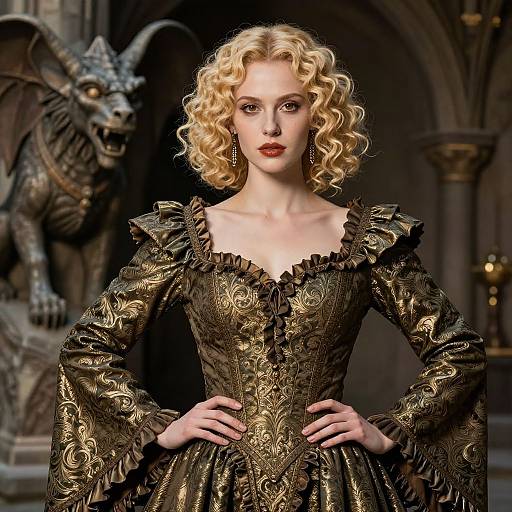 Photorealistic digital art of a blonde woman with curly hair in an ornate, medieval-style, dark gold dress with frilled sleeves, standing confidently