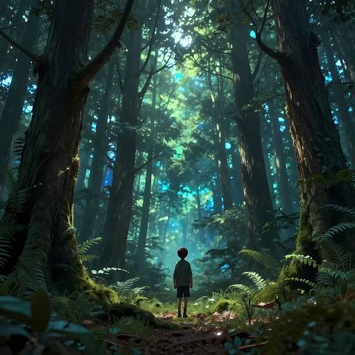Digital art of a lone figure standing in a mystical, sunlit forest, surrounded by towering trees and glowing blue-green foliage.