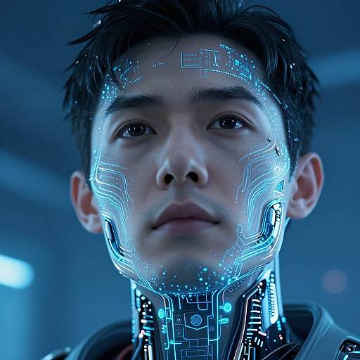 Close-up photograph of an Asian man with glowing blue circuit patterns on his face and neck, set against a blue-lit background. Cybernetic,