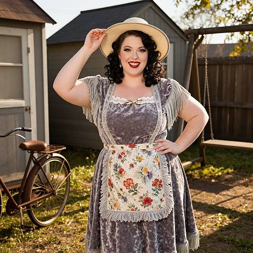 Photograph of a smiling, curvy woman with pale skin, black curly hair, red lips, wearing a fringed gray dress, floral apron