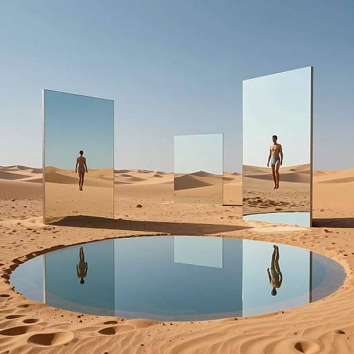 Photorealistic digital art: Silhouetted nude figure reflected in three glass panels, standing in a desert with a circular puddle, clear sky