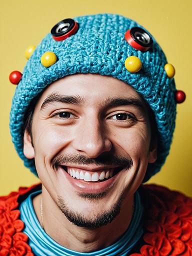 Smiling Man in Colorful Knitted Hat