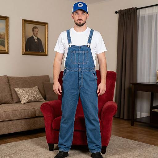 Photograph of a bearded man in blue overalls, white shirt, and blue cap, standing in a living room with a red armchair,