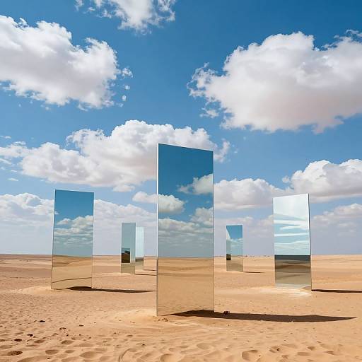 Photograph of six rectangular glass panels reflecting a bright blue sky with white clouds, scattered in a desert with sandy terrain.