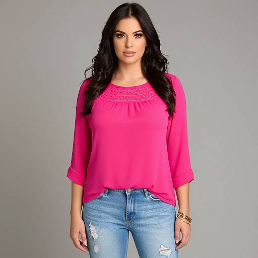 Photograph of a young woman with long black hair, wearing a bright pink blouse and distressed blue jeans, standing against a plain gray background.