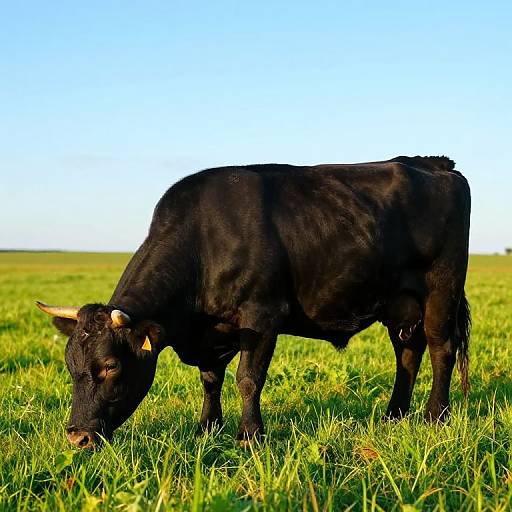 Photograph of a black cow with small white horns grazing in a green grassy field under a clear blue sky.