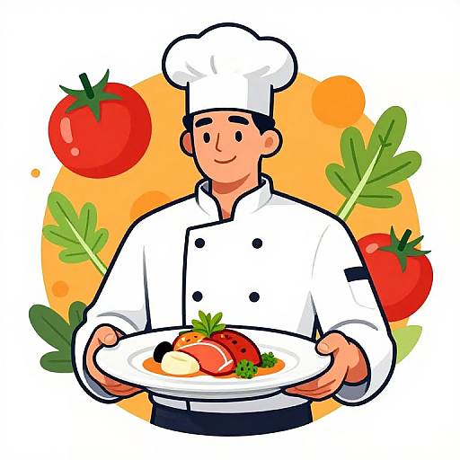 Cartoon-style illustration of a smiling male chef in a white uniform holding a plate with a cooked steak, garnished with herbs, surrounded by tomatoes and