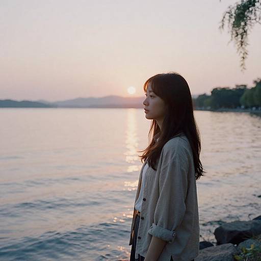 Woman standing by lakeside at sunset