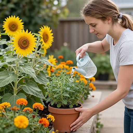 Woman Watering Vibrant Garden Plants