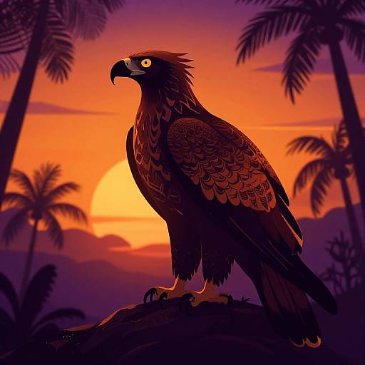 Digital illustration of a majestic hawk with detailed brown and red feathers, standing on a rock against a vibrant orange sunset and silhouetted palm trees.