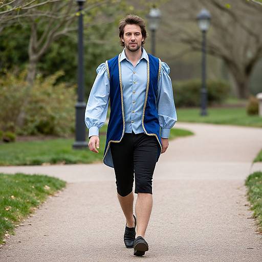 Photograph of a bearded man with brown hair walking on a park path, wearing a blue velvet vest, light blue shirt, black capri pants