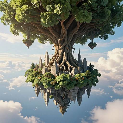 Digital artwork of a floating, fantasy castle nestled in a massive, ancient tree with thick roots and lush green leaves, set against a bright blue sky with