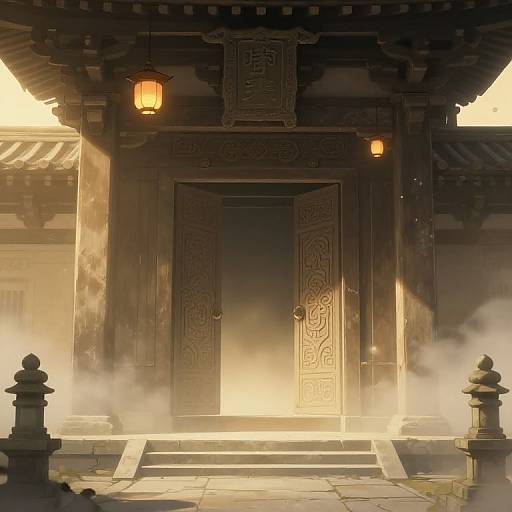 Photograph-style digital art of an ancient Chinese temple entrance, with ornate double doors, lanterns, mist, and sunlight streaming in.