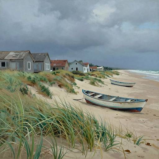 Photorealistic painting of a cloudy beach with grassy dunes, wooden rowboats on sandy shore, and weathered beach houses in background.