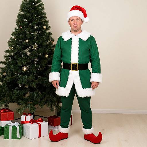 Photograph of a bearded man in a green Santa suit with white fur trim, red hat, and boots, standing beside a decorated Christmas tree with