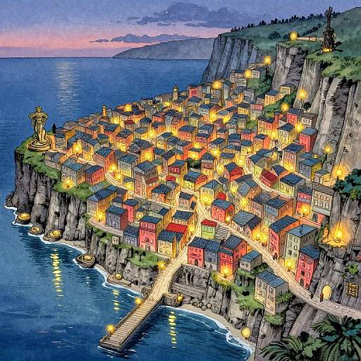 Vibrant, illuminated coastal town perched on cliffs at dusk, featuring colorful buildings, a lighthouse, and a pier, with ocean waves below