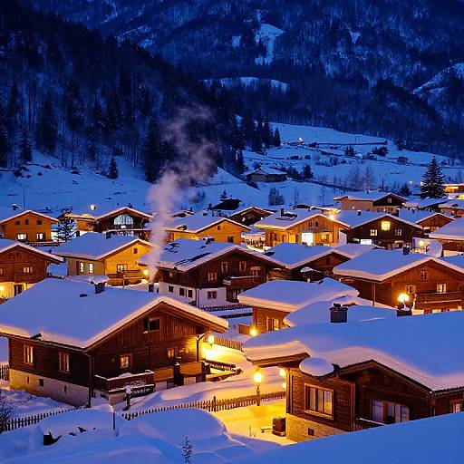 Photograph of a snow-covered Alpine village at night, with warmly lit wooden chalets emitting smoke, surrounded by dark, forested mountains.