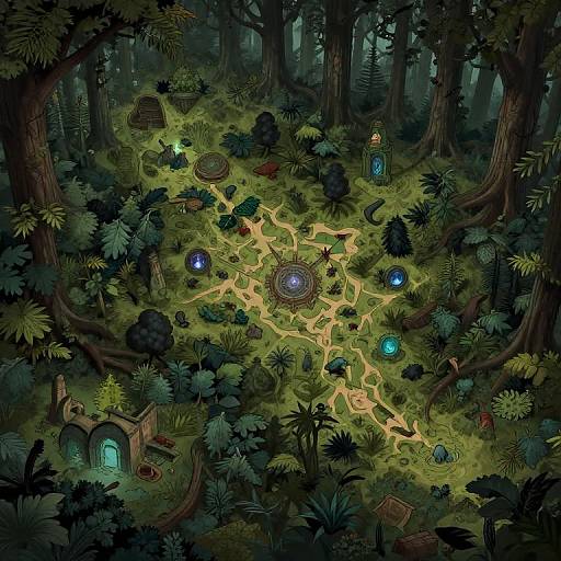 Whimsical forest scene in digital art style, featuring glowing blue and purple orbs, winding paths, small wooden huts, and enchanted glowing lights amidst