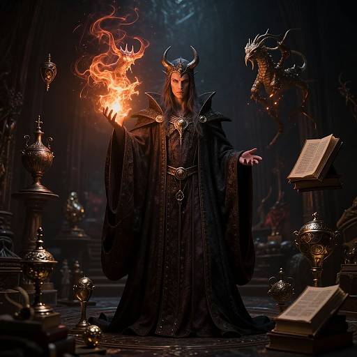 Digital fantasy artwork of a dark-robed sorceress with horns, holding a flaming orb, surrounded by dragon statues and ancient tomes.