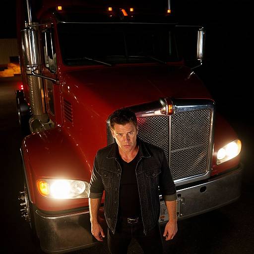 Photograph of a serious-looking man in a black denim jacket standing in front of a brightly lit, red semi-truck at night.