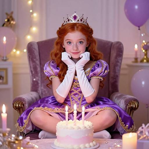 Photograph of a red-haired princess in a purple, gold-trimmed dress, white gloves, and tiara, seated on a velvet chair with