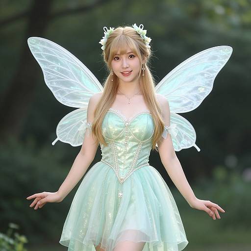 Photograph of a fair-skinned, blonde fairy with translucent wings, wearing a glowing white, strapless dress, and floral headpiece, standing in