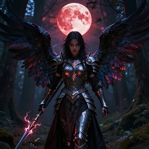Dark Warrior Angel in Mystical Forest