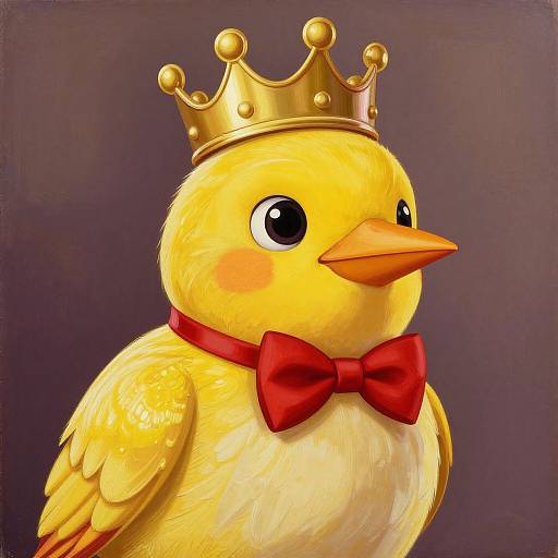 Digital illustration of a cute, yellow chick with large black eyes, wearing a gold crown and red bowtie, against a dark purple background.