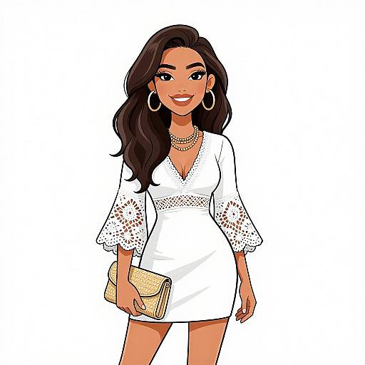 Digital illustration of a smiling, dark-haired woman with hoop earrings, wearing a white lace dress, holding a beige clutch, against a white background.